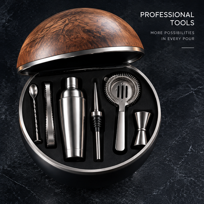 nestovn® Globe Cocktail Set — Professional Tools, More Possibilities in Every Pour, overhead top-down view showing all 7 tools in black velvet-lined sphere