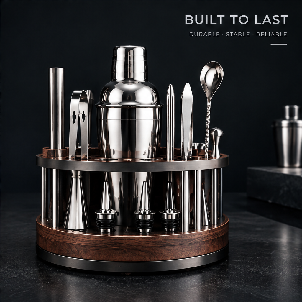 nestovn® Premium Cocktail Set — Superior Craftsmanship, Stainless Steel & Solid Wood, close-up of walnut stand tiers with bottle stoppers and Hawthorne strainer