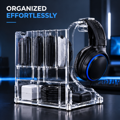 nestovn® Premium Acrylic — Clear, Durable, Modern, close-up of bottom cable and charger storage compartments