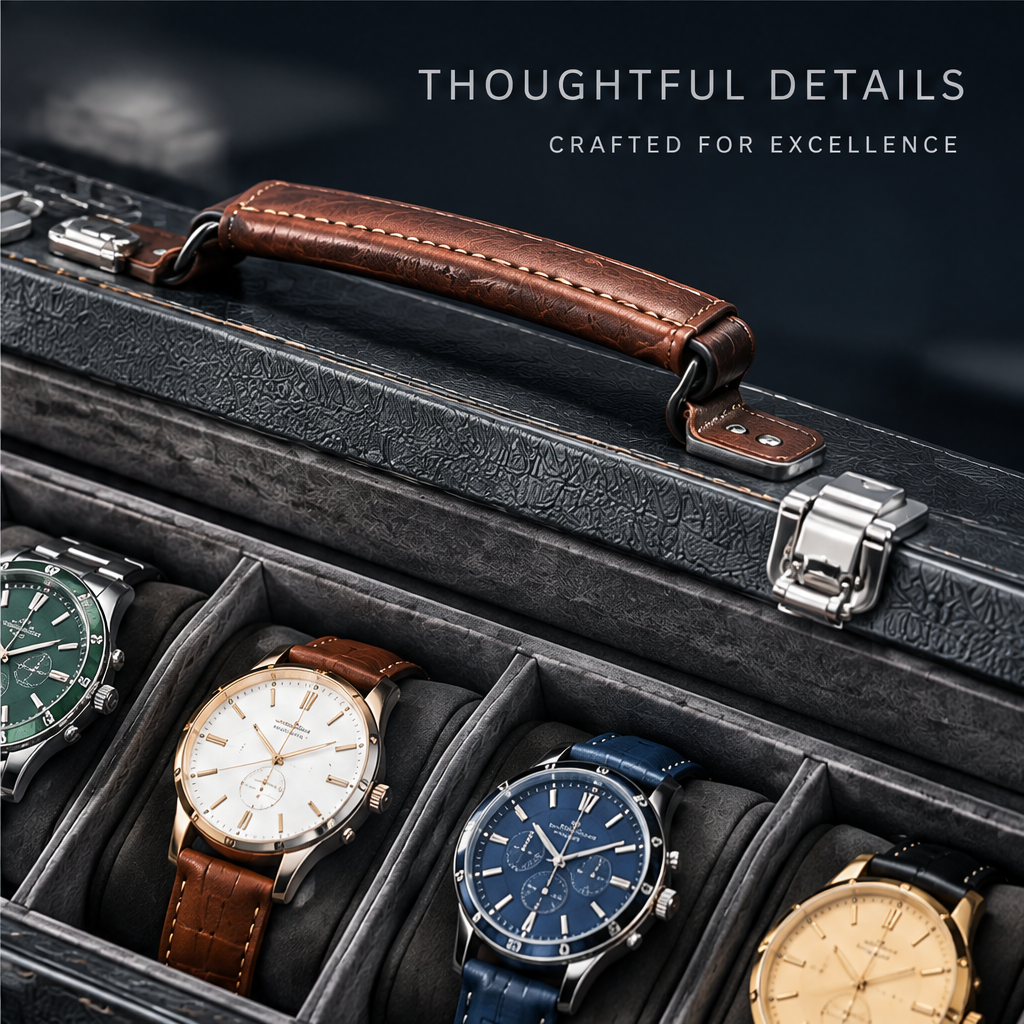 nestovn® Premium Watch Case open with Elegant Design — Timeless Style for Modern Men, showing 5 watches and bottom storage drawer