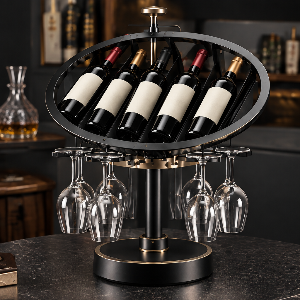 nestovn® Orbital Wine Rack with 6 wine bottles and hanging stemware glasses, bar cabinet background